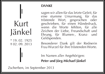 Traueranzeige von Kurt Jänkel von Mitteldeutsche Zeitung Halle/Saalkreis