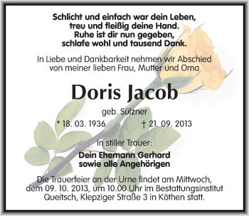Traueranzeige von Doris Jacob von Mitteldeutsche Zeitung Köthen
