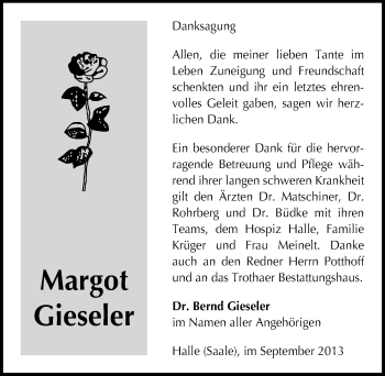 Traueranzeige von Margot Gieseler von Mitteldeutsche Zeitung Halle/Saalkreis