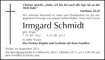 Traueranzeige von Irmgard Schmidt von Mitteldeutsche Zeitung Halle/Saalkreis