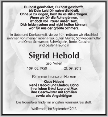 Traueranzeige von Sigrid Hebold von Mitteldeutsche Zeitung Mansfelder Land