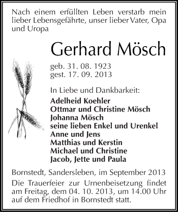 Traueranzeige von Gerhard Mösch von Mitteldeutsche Zeitung Mansfelder Land