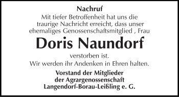 Traueranzeige von Doris Naundorf von Mitteldeutsche Zeitung Weißenfels