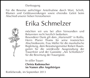 Traueranzeige von Erika Schmelzer von Mitteldeutsche Zeitung Sangerhausen