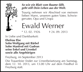 Traueranzeige von Ewald Werner von Mitteldeutsche Zeitung Naumburg/Nebra