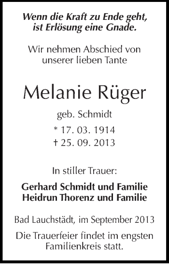 Traueranzeige von Melanie Rüger von Mitteldeutsche Zeitung Merseburg/Querfurt