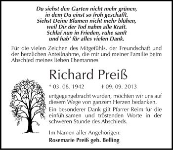 Traueranzeige von Richard Preiß von Mitteldeutsche Zeitung Quedlinburg