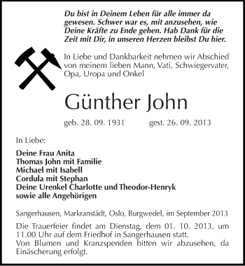 Traueranzeige von Günther John von Mitteldeutsche Zeitung Sangerhausen