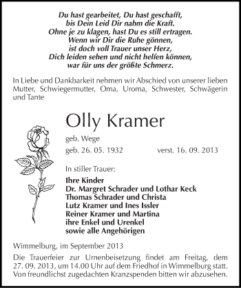 Traueranzeige von Olly Kramer von Mitteldeutsche Zeitung Mansfelder Land