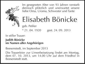 Traueranzeige von Elisabeth Bönicke von Mitteldeutsche Zeitung Halle/Saalkreis