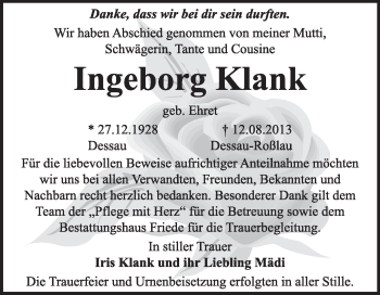 Traueranzeige von Ingeborg Klank von Super Sonntag Dessau / Köthen