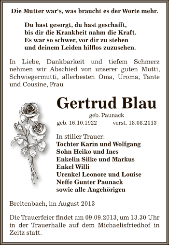 Traueranzeige von Gertrud Blau von Super Sonntag Zeitz