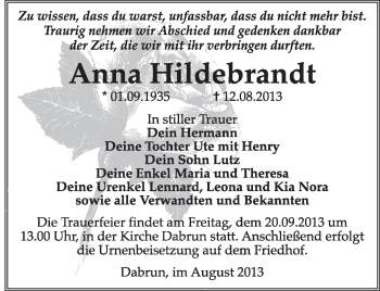 Traueranzeige von Anna Hildebrandt von Super Sonntag Wittenberg