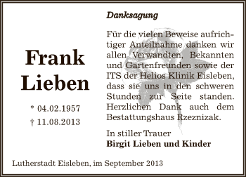 Traueranzeige von Frank Lieben von Wochenspiegel Mansfelder Land