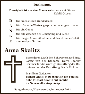 Traueranzeige von Anna Skalitz von WVG - Wochenspiegel SGH