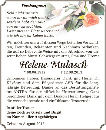 Traueranzeige von Helene Mulasch von Super Sonntag Zeitz