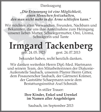Traueranzeige von Irmgard Tackenberg von WVG - Wochenspiegel NMB / WSF / ZTZ