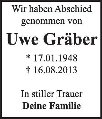 Traueranzeige von Uwe Gräber von Super Sonntag Dessau / Köthen