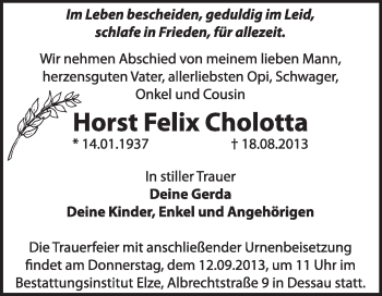 Traueranzeige von Horst Felix Cholotta von Super Sonntag Dessau / Köthen