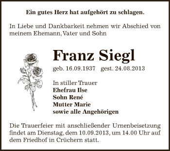 Traueranzeige von Franz Siegl von Super Sonntag Bernburg