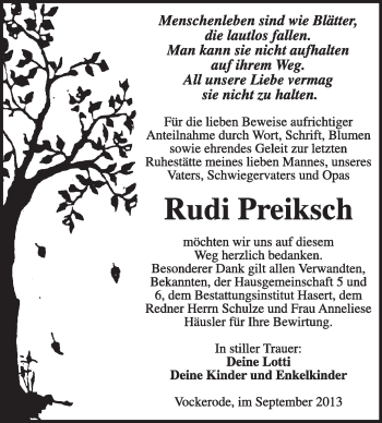 Traueranzeige von Rudi Preiksch von Super Sonntag Wittenberg