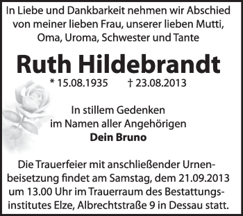 Traueranzeige von Ruth Hildebrandt von Super Sonntag Dessau / Köthen