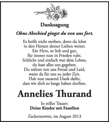 Traueranzeige von Annelies Thurand von WVG - Wochenspiegel Wittenberg