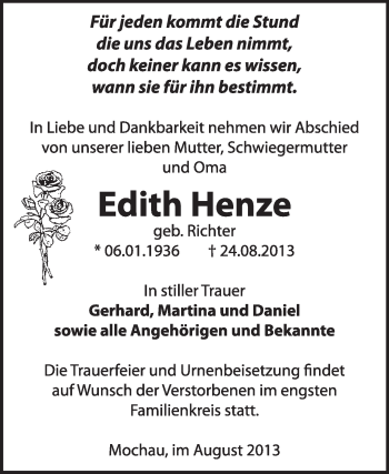 Traueranzeige von Edith Henze von Super Sonntag Wittenberg