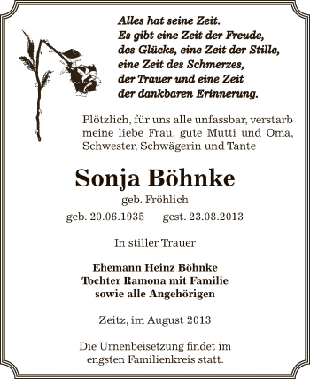 Traueranzeige von Sonja Böhnke von Super Sonntag Zeitz