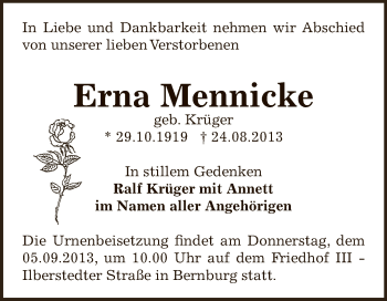 Traueranzeige von Erna Mennicke von Super Sonntag Bernburg