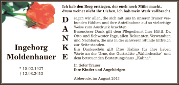 Traueranzeige von Ingeborg Moldenhauer von Super Sonntag SGH Mansf. Land