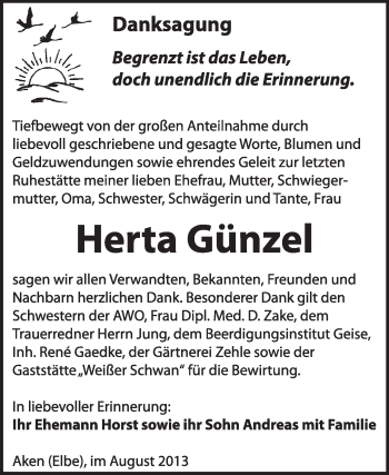Traueranzeige von Herta Günzel von Super Sonntag Dessau / Köthen