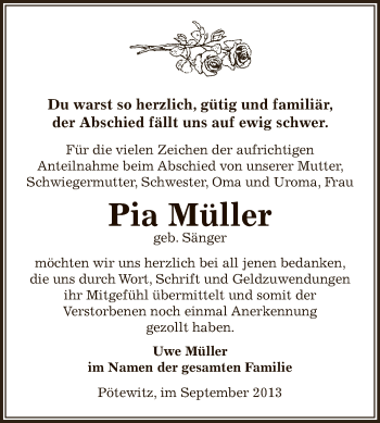 Traueranzeige von Pia Müller von Super Sonntag Zeitz