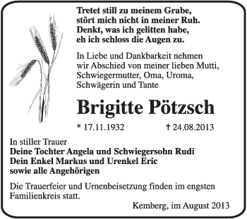 Traueranzeige von Brigitte Pötzsch von Super Sonntag Wittenberg