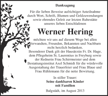Traueranzeige von Werner Hering von WVG - Wochenspiegel NMB / WSF / ZTZ