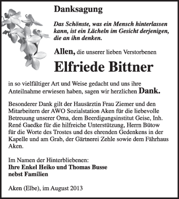 Traueranzeige von Elfriede Bittner von Super Sonntag Dessau / Köthen
