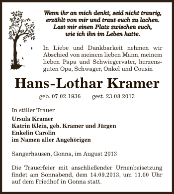 Traueranzeige von Hans-Lothar Kramer von Super Sonntag SGH Mansf. Land