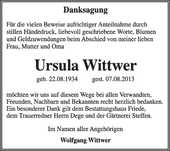 Traueranzeige von Ursula Wittwer von Super Sonntag Dessau / Köthen