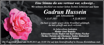 Traueranzeige von Gudrun Hussein von Super Sonntag Dessau / Köthen