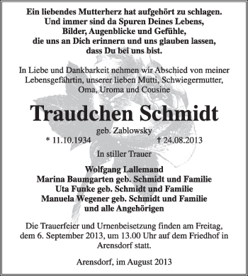 Traueranzeige von Traudchen Schmidt von Super Sonntag Dessau / Köthen