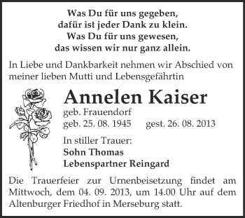 Traueranzeige von Annelen Kaiser von Super Sonntag Merseburg