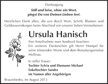 Traueranzeige von Ursula Hanisch von WVG - Wochenspiegel Merseburg