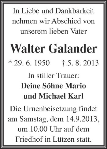 Traueranzeige von Walter Galander von Super Sonntag Merseburg