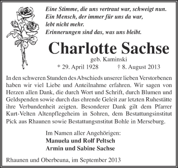 Traueranzeige von Charlotte Sachse von Super Sonntag Merseburg