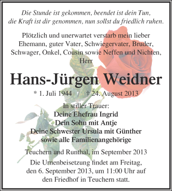 Traueranzeige von Hans-Jürgen Weidner von WVG - Wochenspiegel NMB / WSF / ZTZ