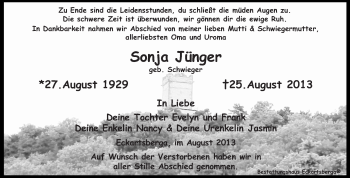 Traueranzeige von Sonja Jünger von WVG - Wochenspiegel NMB / WSF / ZTZ