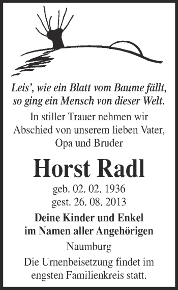 Traueranzeige von Horst Radl von WVG - Wochenspiegel NMB / WSF / ZTZ
