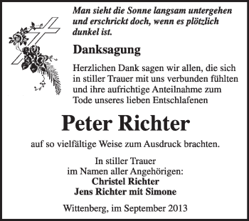 Traueranzeige von Peter Richter von WVG - Wochenspiegel Wittenberg