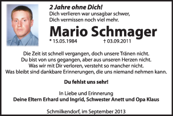Traueranzeige von Mario Schmager von Super Sonntag Wittenberg