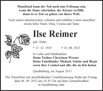 Traueranzeige von Ilse Reimer von WVG - Wochenspiegel Quedlinburg